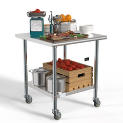 30" x 30" 18-Gauge 304 Stainless Steel Commercial Work Table with Casters, CT3030-18C.