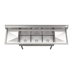 75 in Three Compartment Commercial Sink, Bowl Size 15x15x14, 16 Gauge Stainless-Steel with 2 Drainboards (KM-SC151514-15B316)