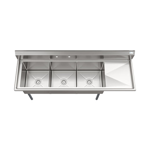 75 in. Three Compartment Commercial Sink Bowl Size 18x18x14 Stainless-Steel 18 Gauge with Right Drainboard (KM-SC181814-18R3)