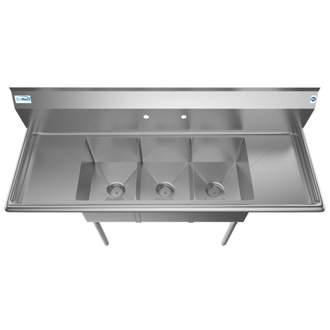 60 in. Three Compartment Stainless Steel Commercial Sink With Drainboards, Bowl Size 12"x 16"x 10" SC121610-12B3.