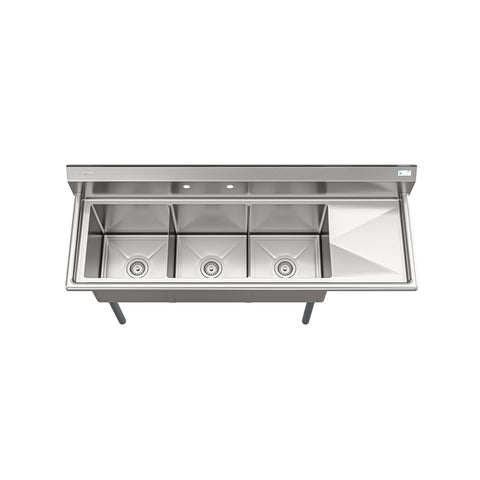 63 in. Three Compartment Commercial Sink, Bowl Size 15x15x14, Stainless-Steel 16 Gauge with Right Drainboard (KM-SC151514-15R316)