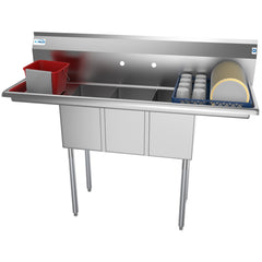 54 in. Three Compartment Stainless Steel Commercial Sink with Drainboards, Bowl Size 10"x 14"x 10" SC101410-12B3.