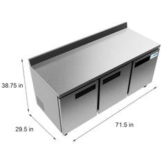 72 in. Three-Door Worktop Refrigerator With 3.5 in. Backsplash - 16.9 Cu Ft. RWT-3D-16C