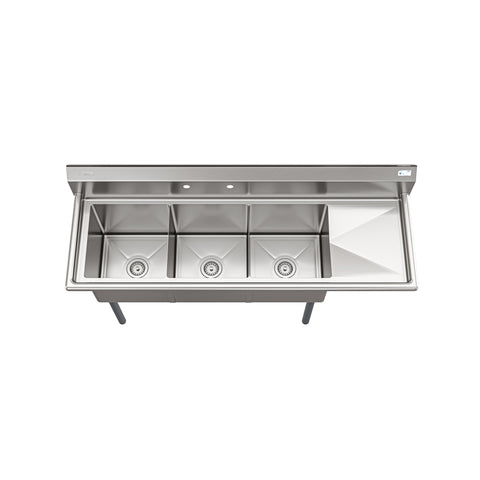 63 in. Three Compartment Commercial Sink, Bowl Size 15x15x14, 18-Gauge Stainless-Steel with Right Drainboard (KM-SC151514-15R3)