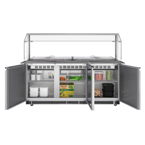 72 in. Commercial Refrigerated Prep Station with Sneeze Guard and Buffet Slide, 15 Pans with Covers and Three Adjustable Shelves in Stainless-Steel, ETL Listed (KM-RBT-72CSFG)