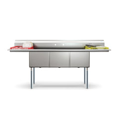90 in. Three Compartment Commercial Sink Bowl Size 18x18x14 18-Gauge Stainless-Steel with 2 Drainboards (KM-SC181814-18B3)