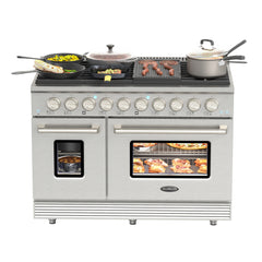 48 In. Dual Oven Natural Gas Range Stove with 8 Sealed Burners, Griddle, Grill, and Convection Oven, KM-FR48GL-SS.
