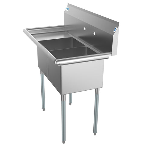 43 in. Two Compartment Stainless Steel Commercial Sink with Drainboard, Bowl Size 14"x 16"x 11" SB141611-12L3.