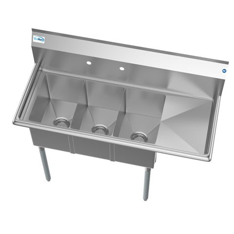45 in. Three Compartment Stainless Steel Commercial Sink with Drainboard, Bowl Size 10"x 14"x 10" SC101410-12R3.