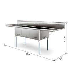 102 in. Three Compartment Commercial Sink Bowl Size 18x24x14 Stainless-Steel 18 Gauge with Two Drainboards (KM-SC182414-24B3)