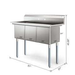 51 in. Three Compartment Commercial Sink, Bowl Size 15x15x14, 18 Gauge Stainless-Steel (KM-SC151514-N3)