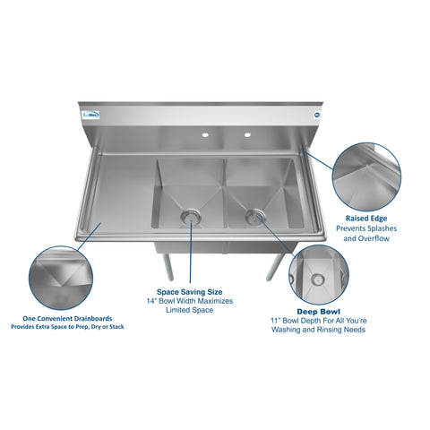 43 in. Two Compartment Stainless Steel Commercial Sink with Drainboard, Bowl Size 14"x 16"x 11" SB141611-12L3.