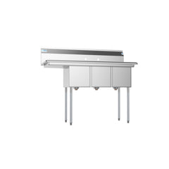 51 in. Three Compartment Stainless Steel Commercial Sink with Drainboard, Bowl Size 12"x 16"x 10" SC121610-12L3.