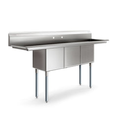 75 in Three Compartment Commercial Sink, Bowl Size 15x15x14, 18 Gauge Stainless-Steel with 2 Drainboards (KM-SC151514-15B3)
