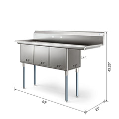 63 in. Three Compartment Commercial Sink, Bowl Size 15x15x14, 18-Gauge Stainless-Steel with Right Drainboard (KM-SC151514-15R3)